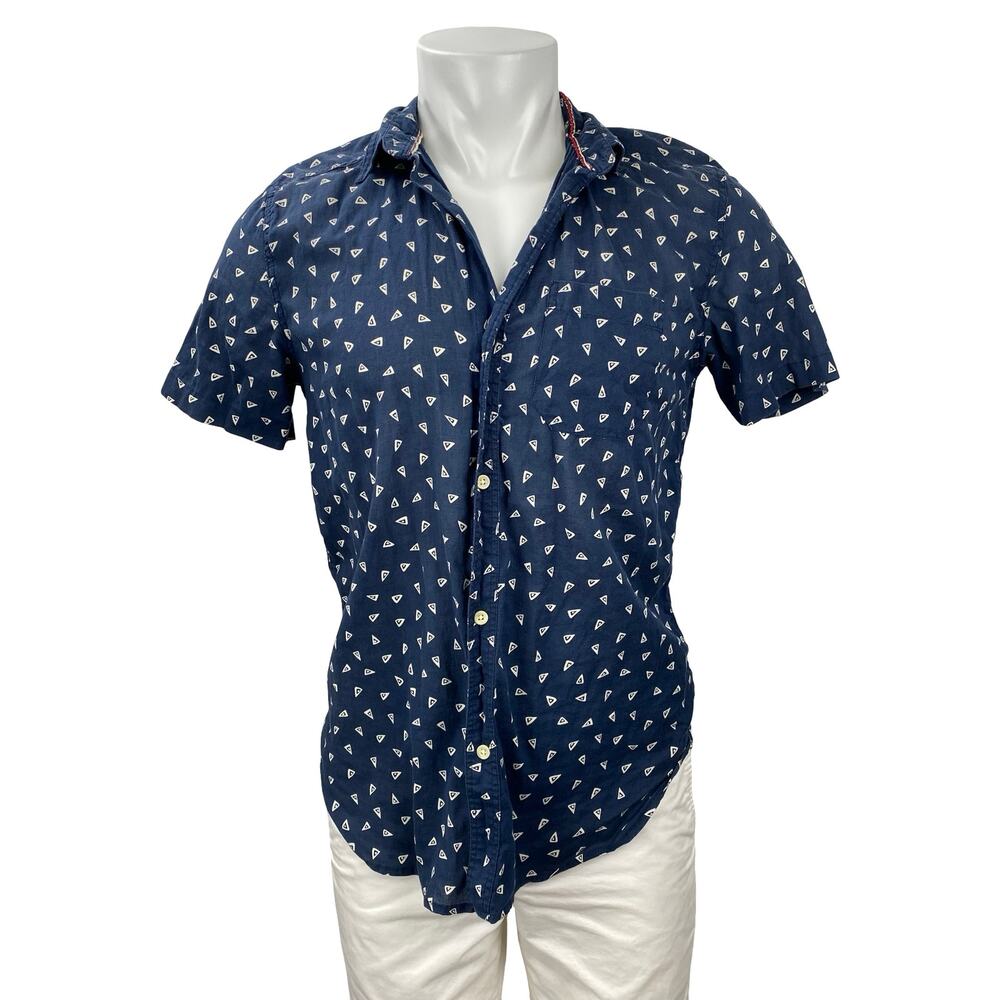 Koto Men's Blue Geometric Collared Short Sleeve Casual Button Down Shirt Top S